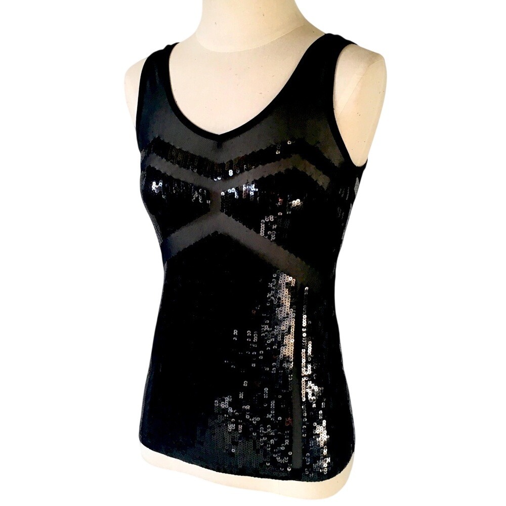 Bebe Womens Black Sequin Sheer Mesh Chevron Tank Top Sleeveless‎ V-Neck XS